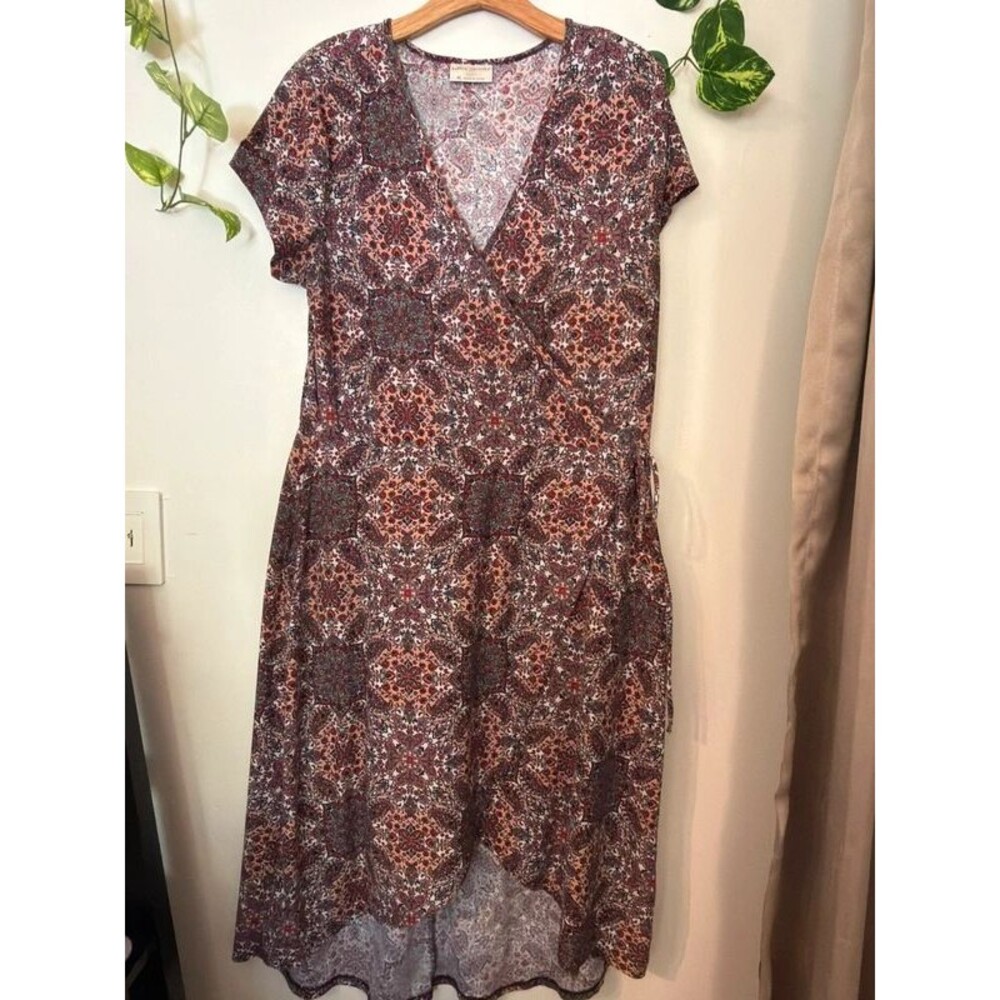 Boho Paisley Wrap Midi Dress XL Floral Faux Wrap Dress Cottagecore Festival